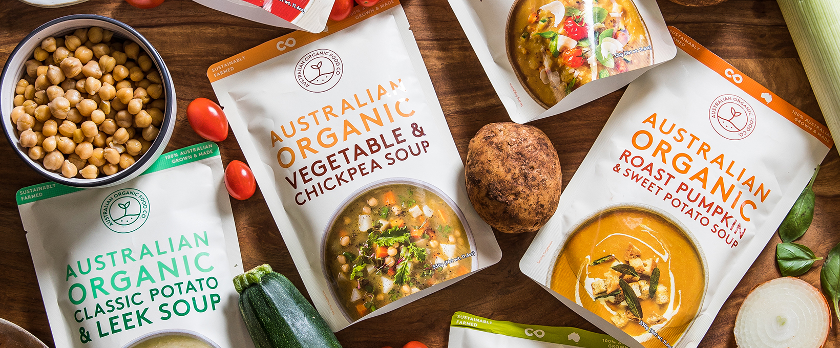 Organic soups from Australian Organic Food Co. including the potato and leek soup, vegetable and chickpea soup and pumpkin soup