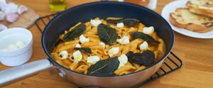 Pumpkin and sage pasta topped with fresh bocconcini and fried sage